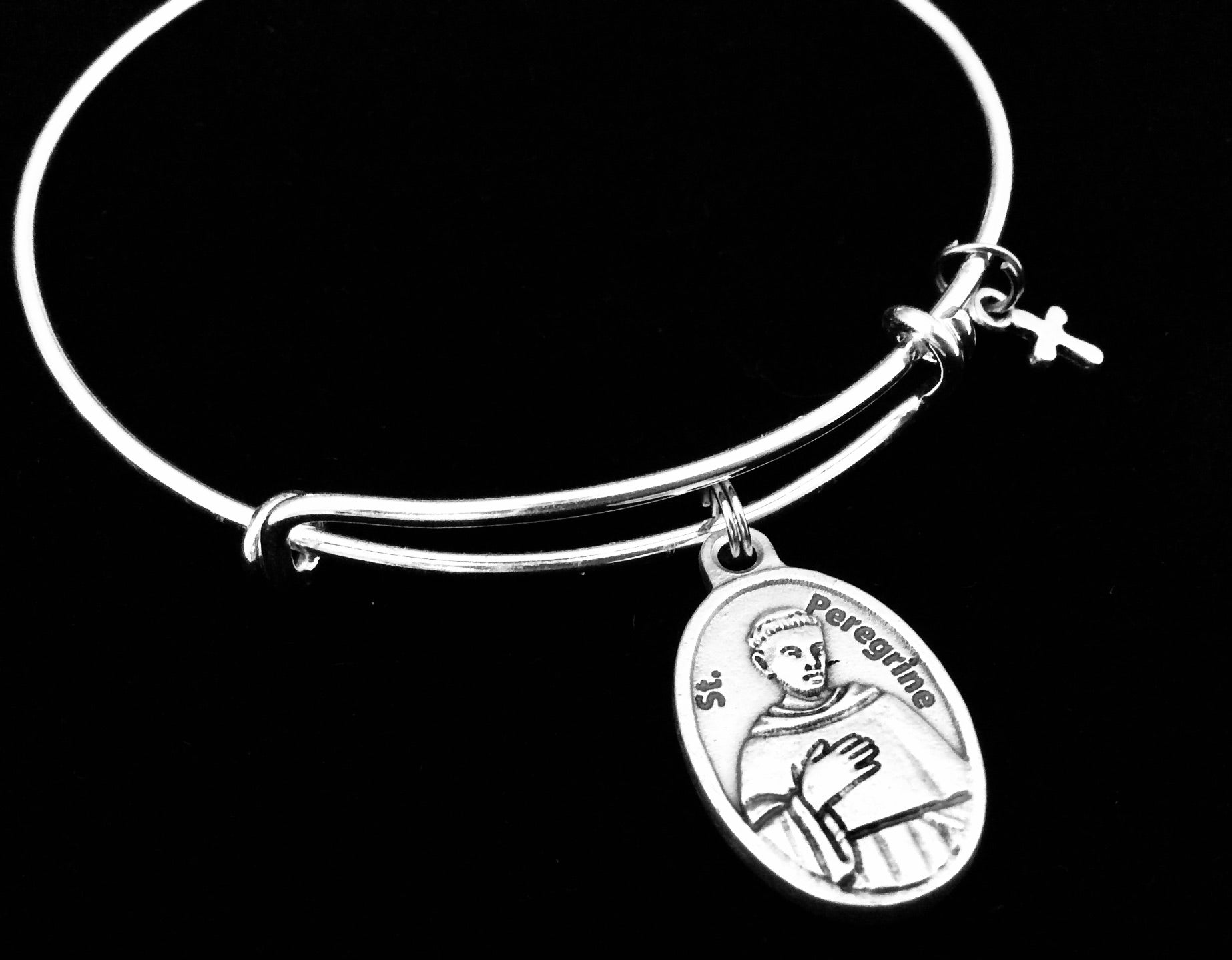 Saint Peregrine Medal Silver Expandable Bracelet Double Sided Adjustable Wire Bangle Stacking Trendy Gift