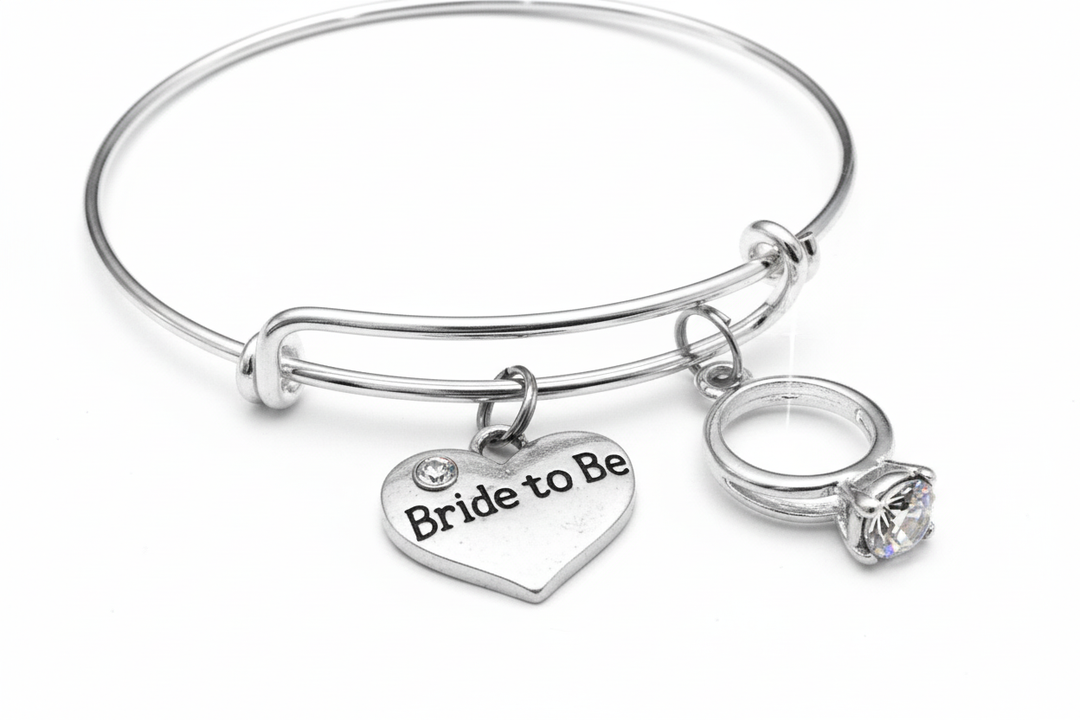 Silver plated Bride to Be charm bracelet with sparkling crystal engagement ring charm and engraved heart charm on expandable adjustable bangle, bridal shower gift for women, one size fits all