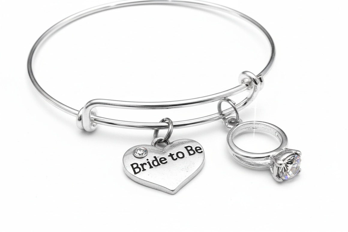 Silver plated Bride to Be charm bracelet with sparkling crystal engagement ring charm and engraved heart charm on expandable adjustable bangle, bridal shower gift for women, one size fits all