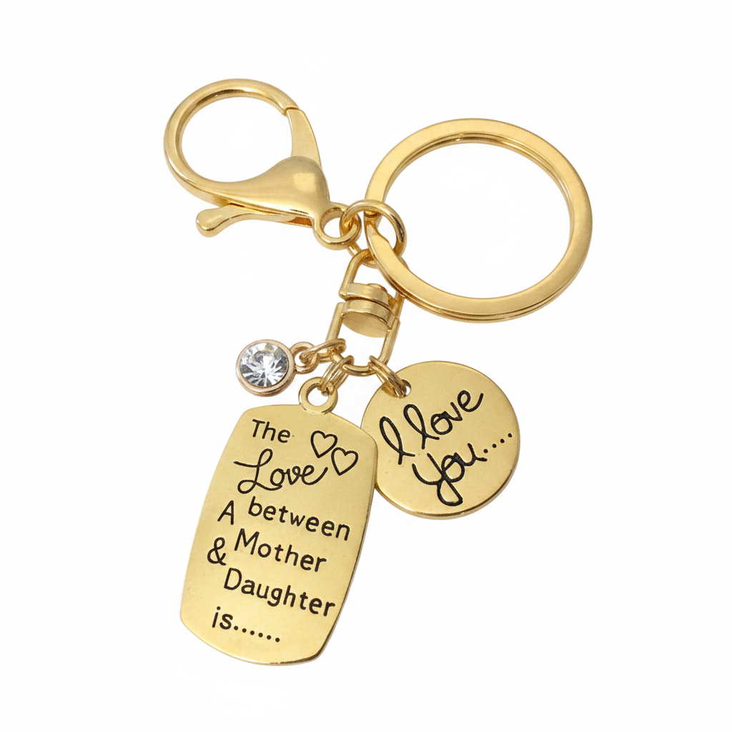 Gold keychain engraved with 'The Love Between a Mother and Daughter is...' dog tag charm and crystal bead accent — sentimental gift for mom or daughter