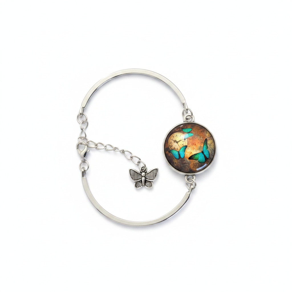 Teal morpho butterfly and clock glass dome silver cuff bracelet with butterfly charm on white background – Jules Obsession