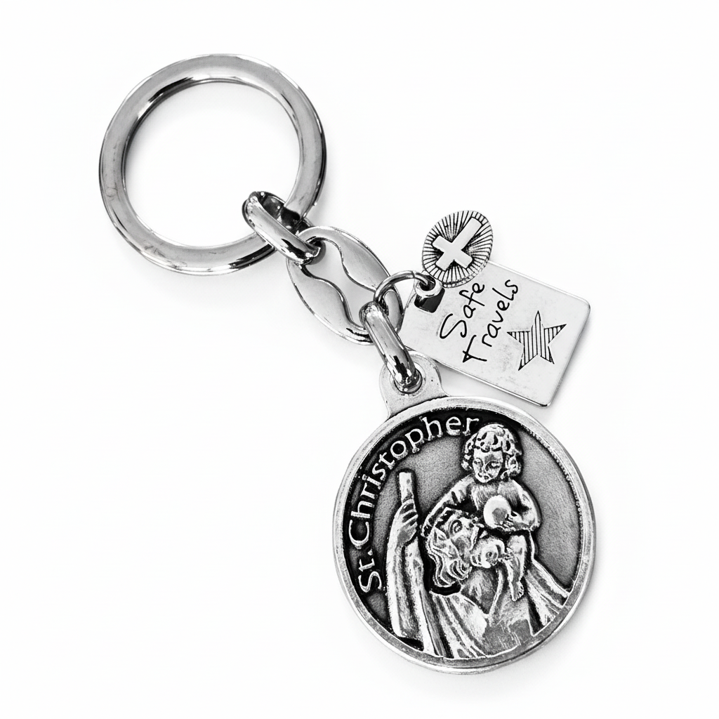 Silver-tone St. Christopher Safe Travels keychain with engraved medal, travel tag, star, and cross charm on white
