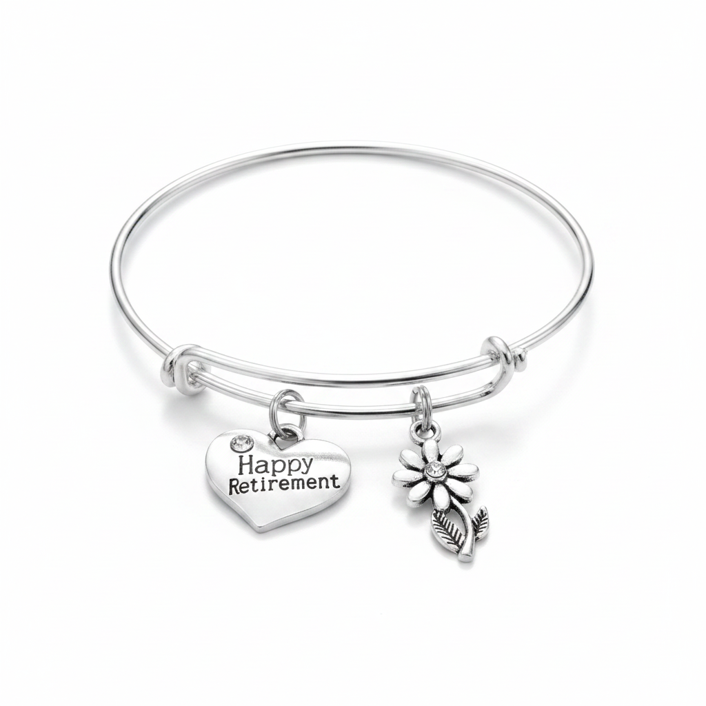 Silver expandable charm bracelet with Happy Retirement engraved heart charm and daisy flower charm – adjustable bangle retirement gift for women by Jules Obsession