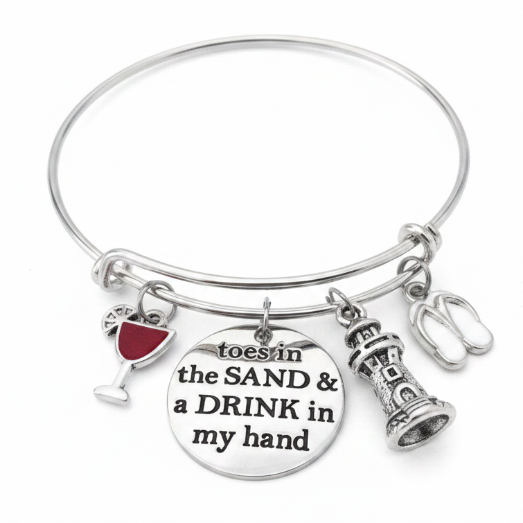 Toes in the Sand and a Drink in My Hand silver expandable charm bangle bracelet featuring engraved disc, red enamel wine glass, lighthouse, and white flip flop charms — Jules Obsession beach jewelry, made in USA