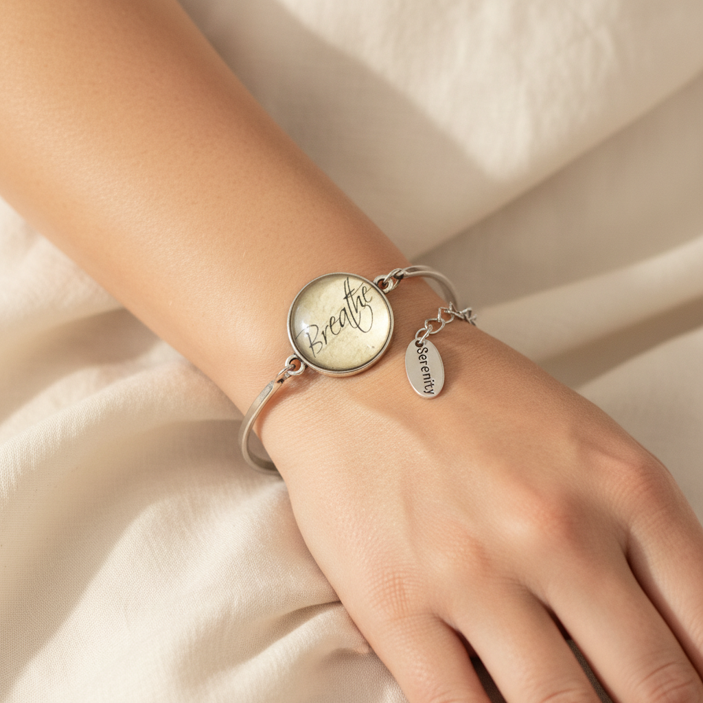 Woman wearing Breathe glass dome silver adjustable cuff bracelet with Serenity charm – mindfulness yoga jewelry by Jules Obsession
