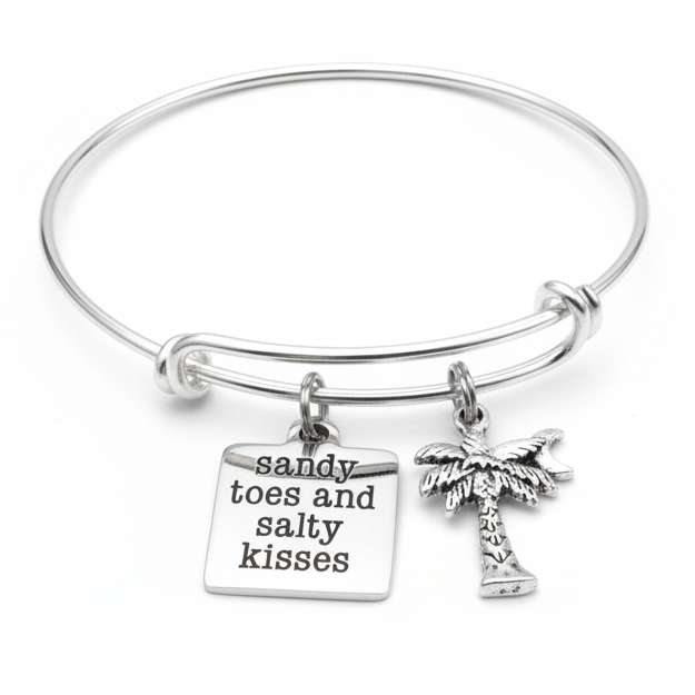 Sandy Toes and Salty Kisses silver expandable charm bangle bracelet featuring engraved square disc and palm tree charm — Jules Obsession beach jewelry, made in USA