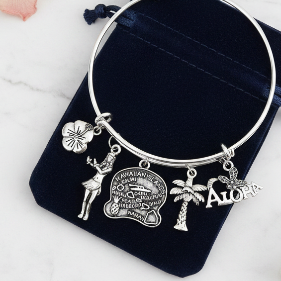 Aloha Hawaii silver charm bangle bracelet gift-ready in dark velvet jewelry pouch – Hawaii lover gift by Jules Obsession