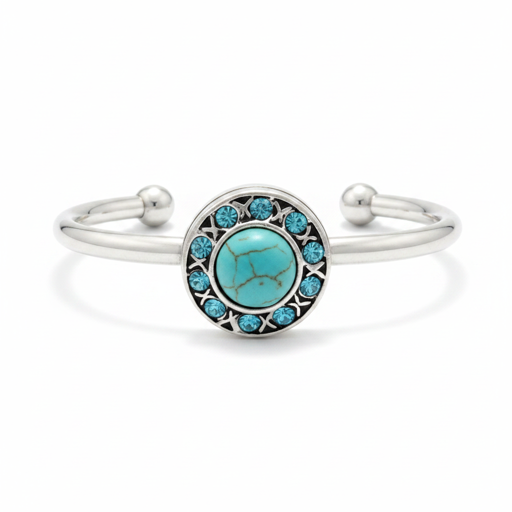 Turquoise cabochon and aqua crystal halo silver hinged snap cuff bracelet on white background – boho jewelry by Jules Obsession