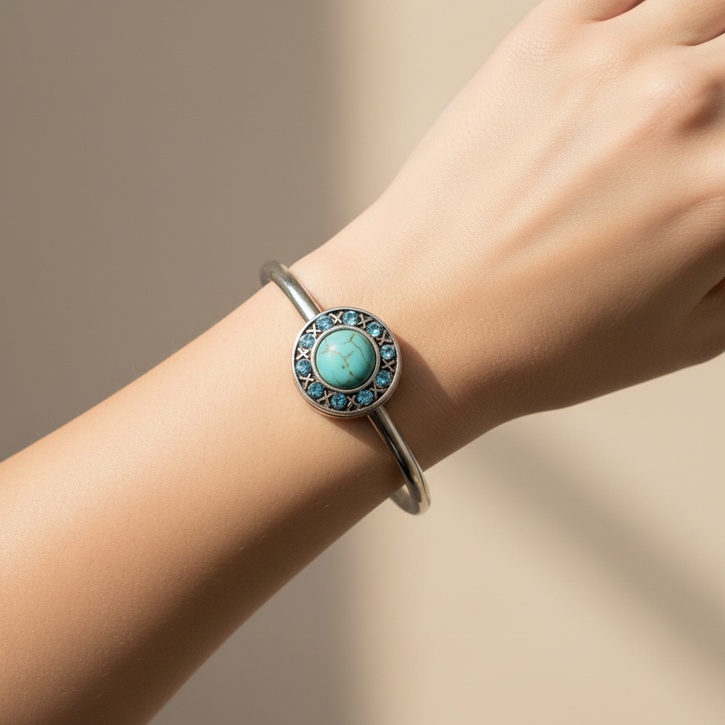 Woman wearing turquoise and aqua crystal snap hinged cuff bracelet – boho statement jewelry by Jules Obsession