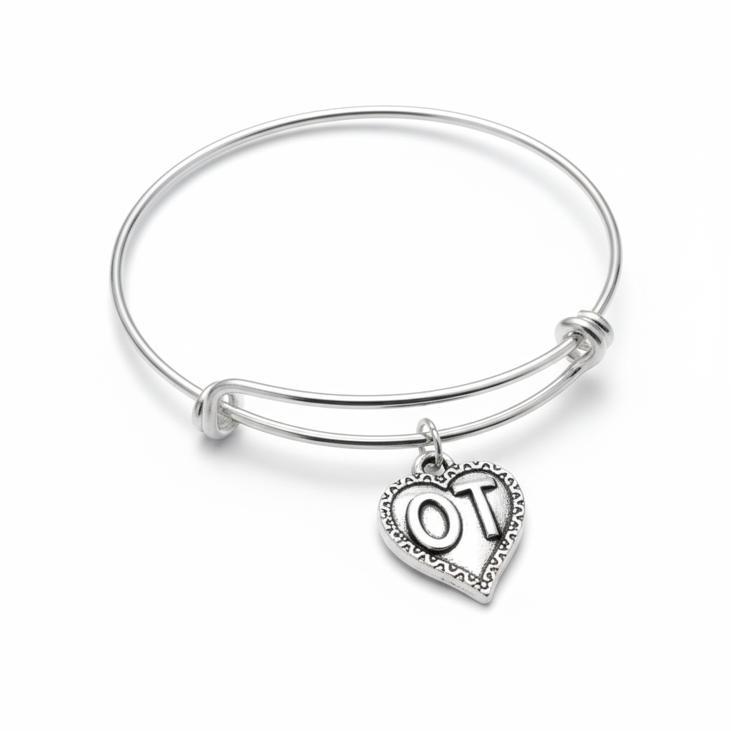 Occupational therapist OT heart charm silver expandable bangle bracelet personalized with initial charm by Jules Obsession