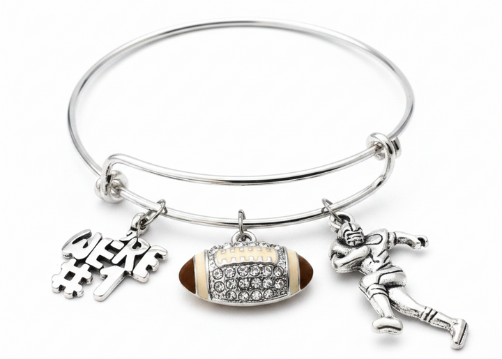Silver expandable bangle bracelet with three football charms: We&