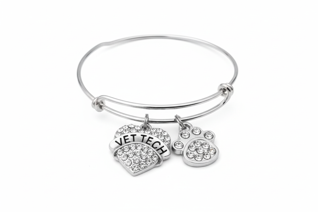Vet tech bracelet with crystal VET TECH heart charm and paw print on bright silver expandable bangle
