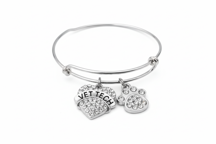 Vet tech bracelet with crystal VET TECH heart charm and paw print on bright silver expandable bangle
