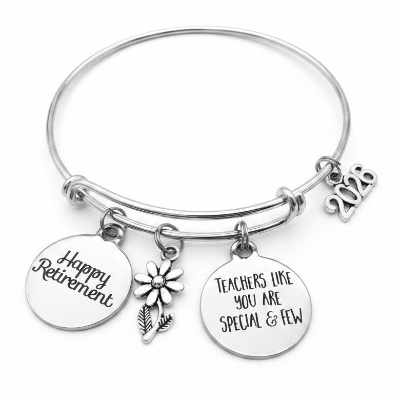 Silver expandable charm bracelet with Happy Retirement disc, Teachers Like You Are Special and Few disc, daisy flower charm and 2026 year charm – adjustable bangle retirement gift for teachers by Jules Obsession