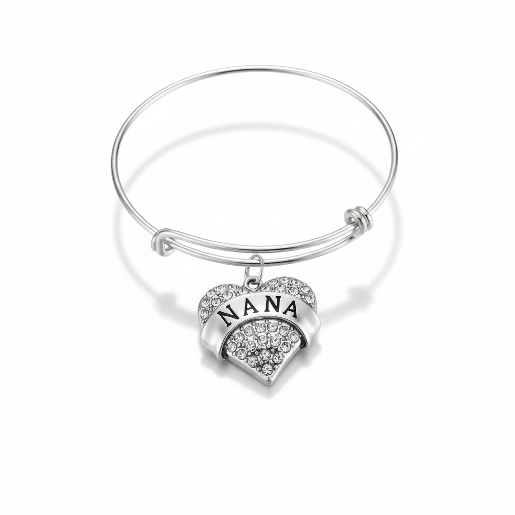 Silver expandable wire bangle bracelet with sparkling crystal rhinestone pave NANA heart charm on white background – Jules Obsession
