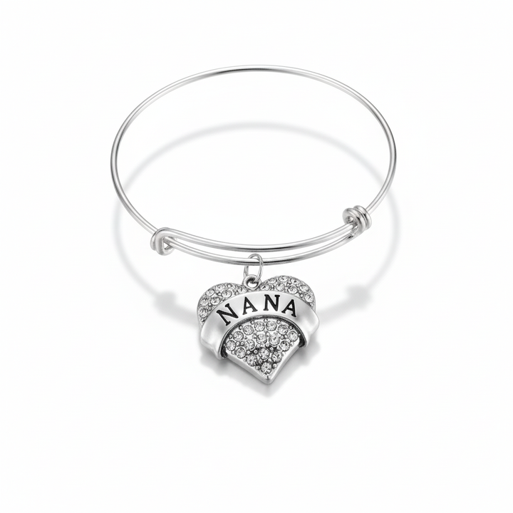 Silver expandable wire bangle bracelet with sparkling crystal rhinestone pave NANA heart charm on white background – Jules Obsession