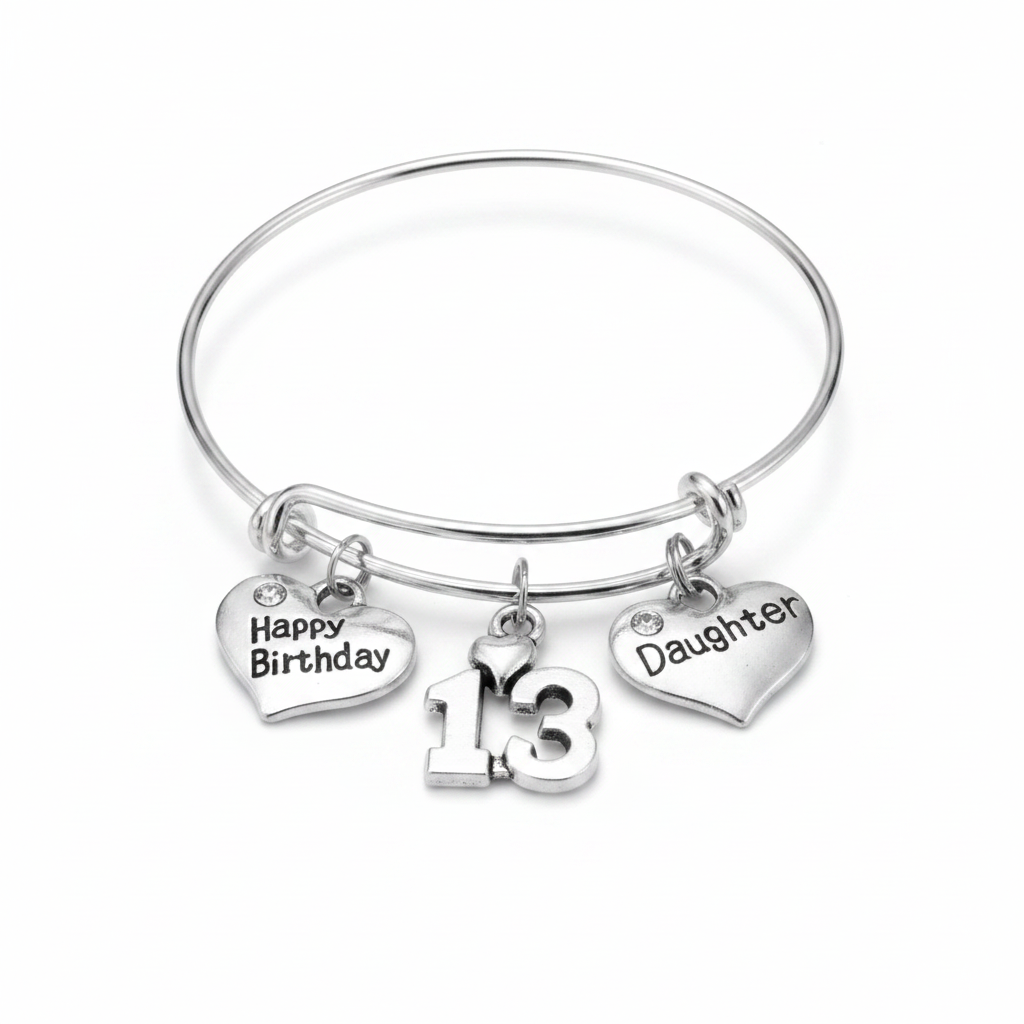 Silver expandable charm bracelet with Happy Birthday heart, 13 number charm and Daughter heart charm with crystals – adjustable bangle birthday gift for daughters by Jules Obsession