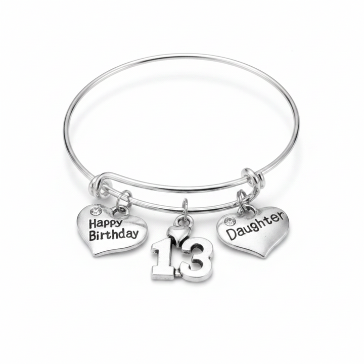 Silver expandable charm bracelet with Happy Birthday heart, 13 number charm and Daughter heart charm with crystals – adjustable bangle birthday gift for daughters by Jules Obsession