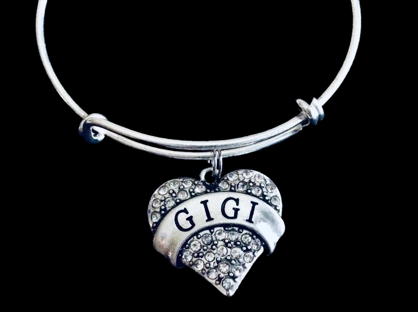 Gigi Silver Crystal Heart Charm Bangle Adjustable Expandable Meaningful Gift Grandmother Gift