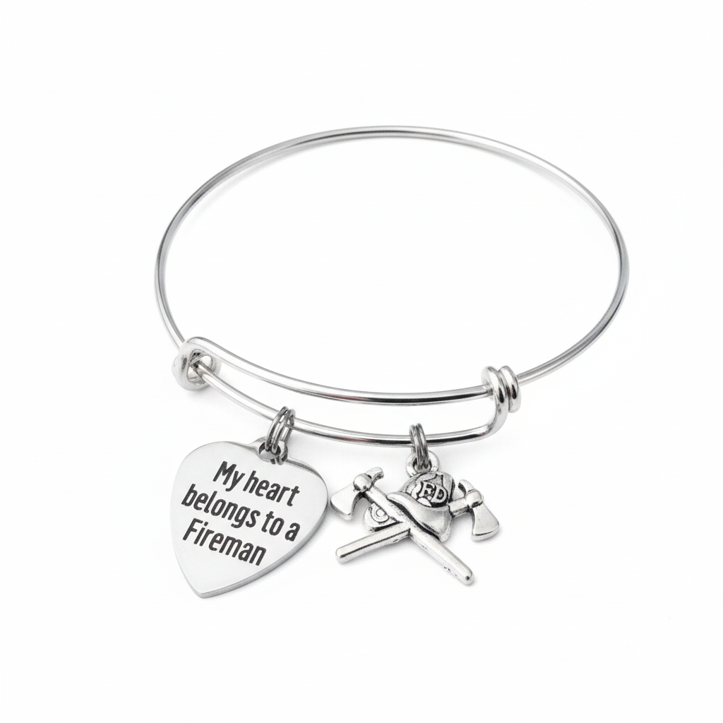 Silver expandable bangle bracelet with engraved My Heart Belongs to a Fireman heart charm and firefighter gear charm
