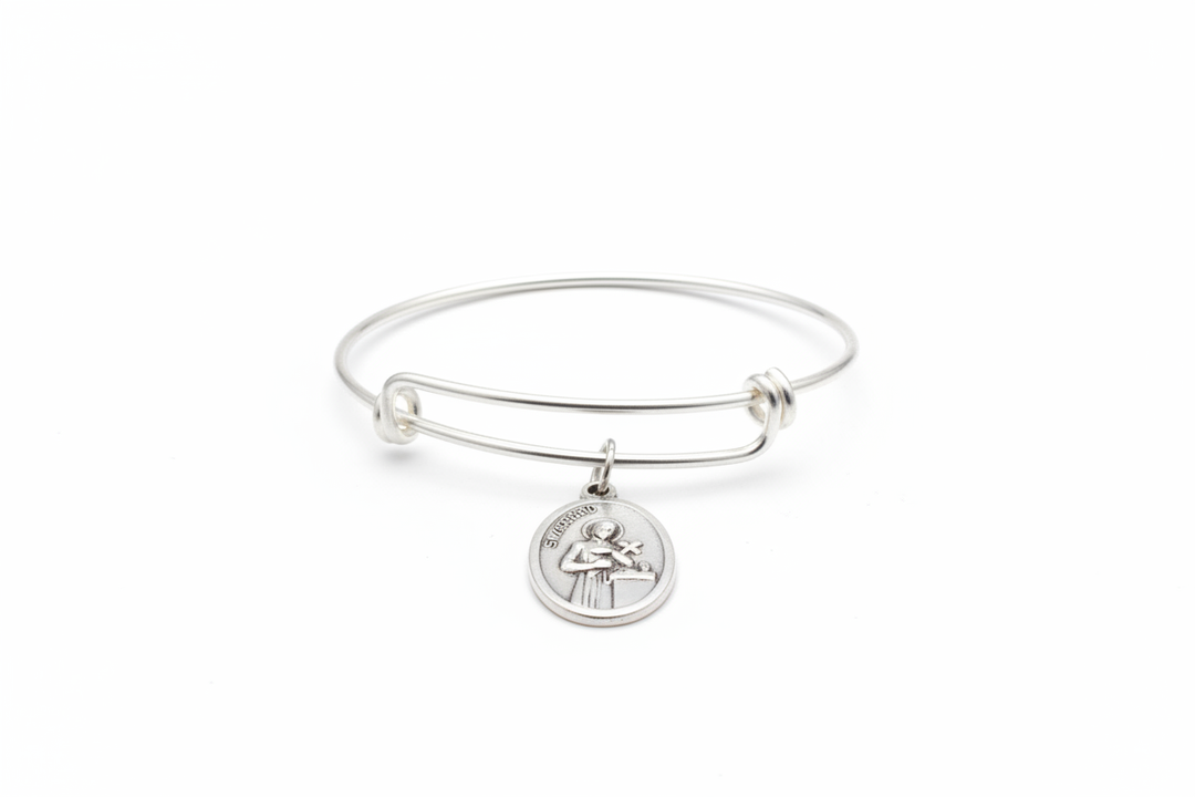 Saint Gerard bracelet patron saint of expectant mothers with Italian oxidized silver medal on bright silver expandable bangle