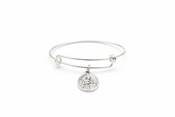 Saint Gerard bracelet patron saint of expectant mothers with Italian oxidized silver medal on bright silver expandable bangle