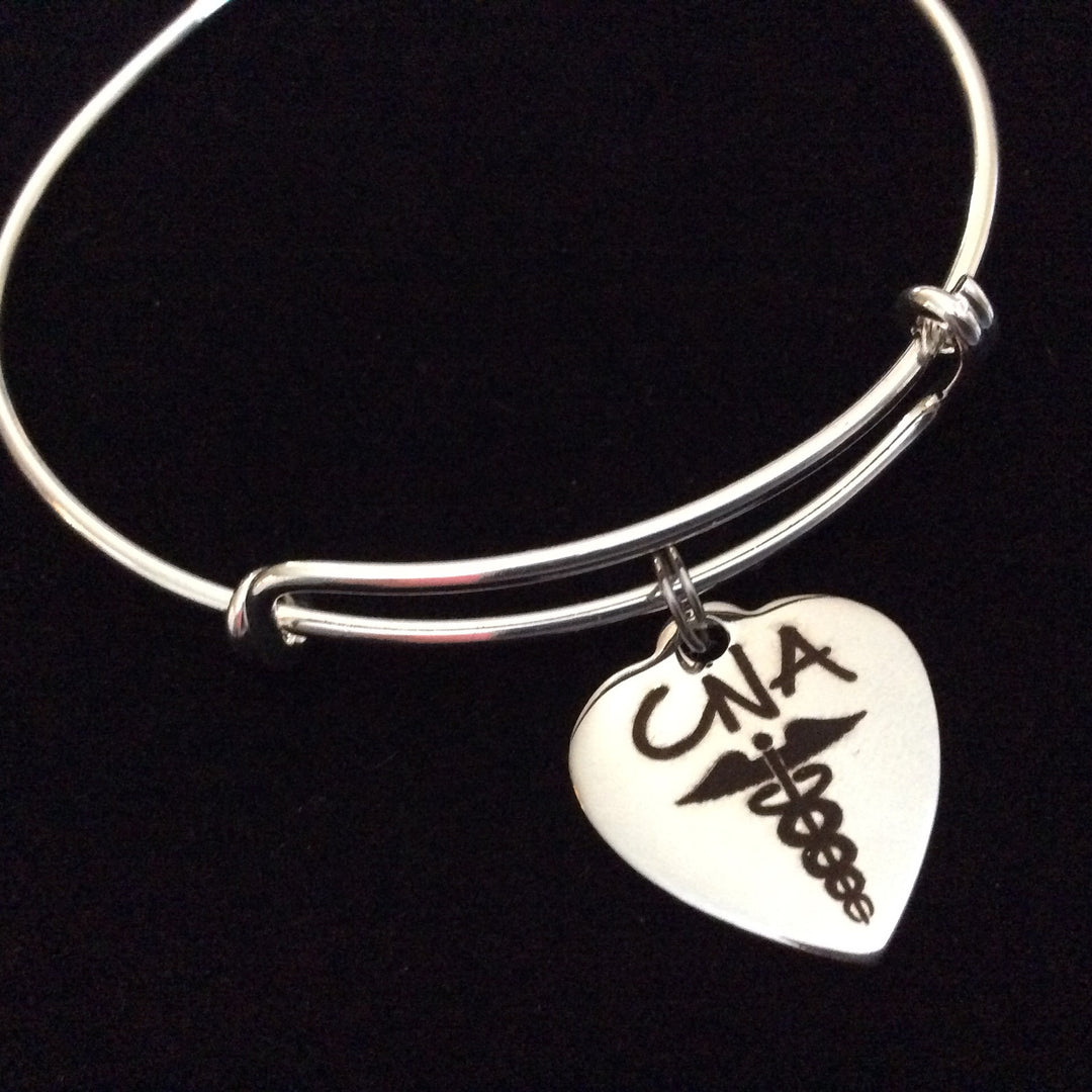 CNA Gift Bracelet – Certified Nursing Assistant Heart Caduceus Charm Bangle, Silver Adjustable Wire Bracelet
