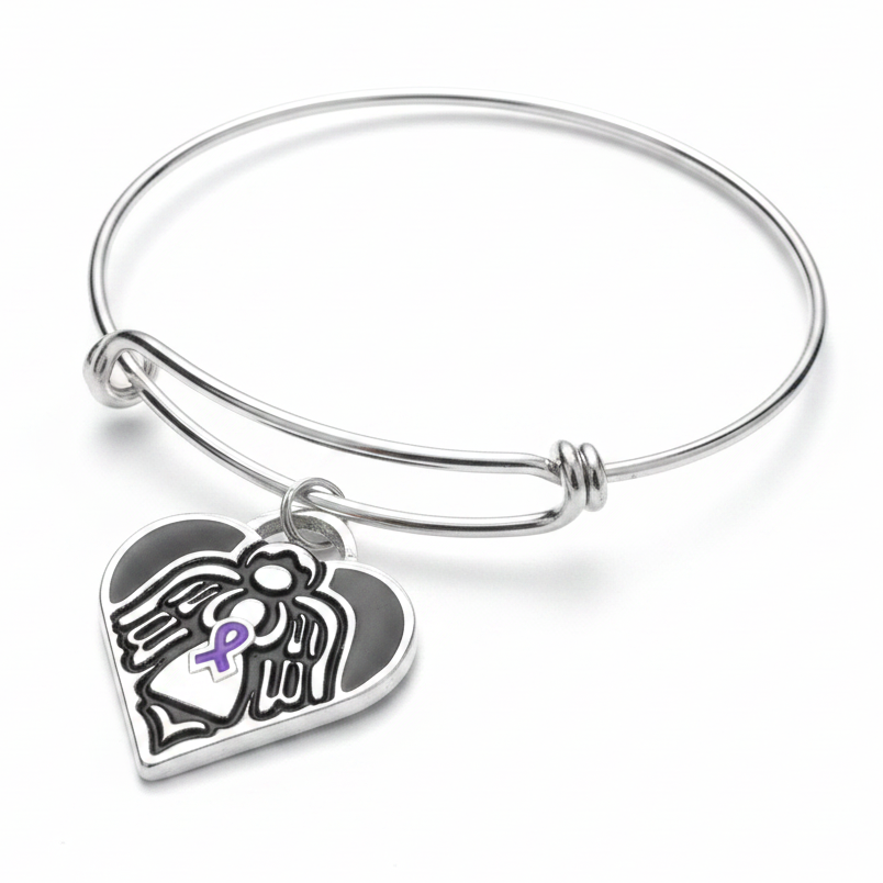 Silver expandable bangle bracelet with filigree guardian angel heart charm and purple enamel awareness ribbon on white background - Jules Obsession