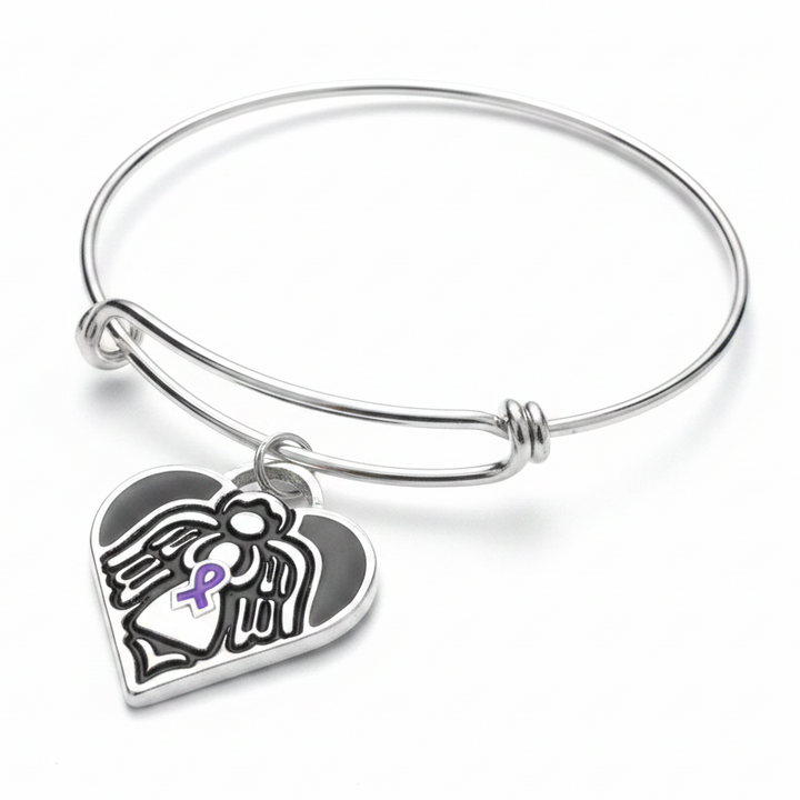Silver expandable bangle bracelet with filigree guardian angel heart charm and purple enamel awareness ribbon on white background - Jules Obsession