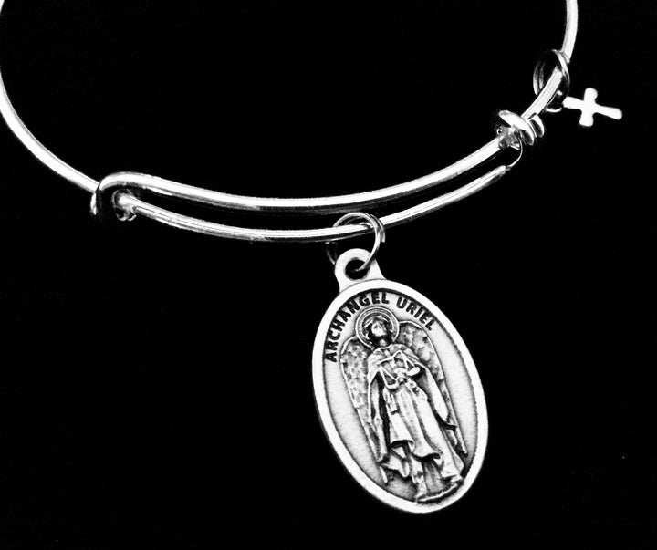 Archangel Uriel Bracelet – Silver Expandable Charm Bangle with Catholic Medal &amp; Cross – Angel of Wisdom &amp; Light of God Jewelry Gift