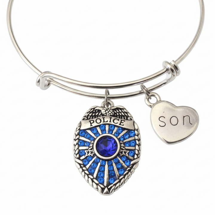 Police son bracelet with sparkling blue crystal police badge and son charm on bright silver expandable bangle thin blue line jewelry