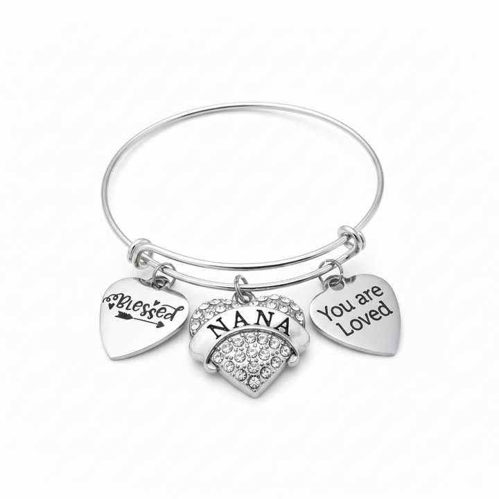Silver expandable bangle bracelet for Nana with crystal rhinestone NANA heart charm, Blessed heart charm, and You Are Loved heart charm on white background