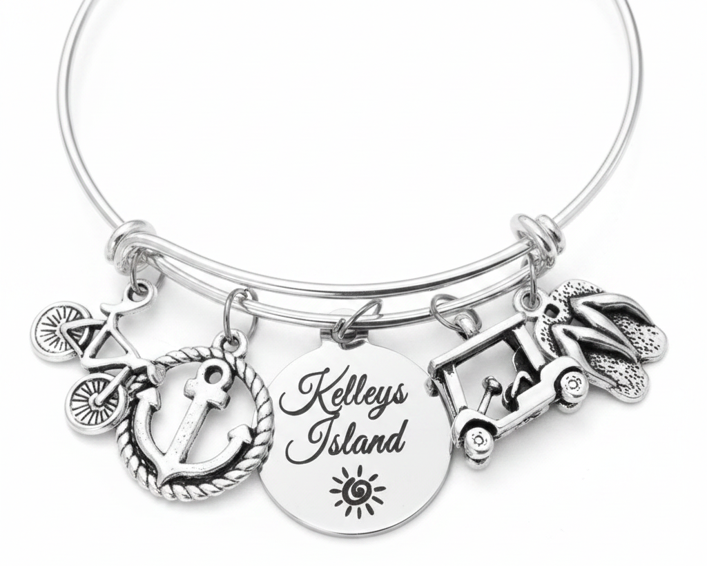 Kelleys Island silver expandable bangle bracelet with bike, anchor, golf cart, and flip flop charms on pure white background — Lake Erie Ohio gift