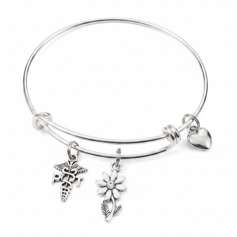 Professional studio photo of silver PT Physical Therapist expandable charm bangle bracelet on white background