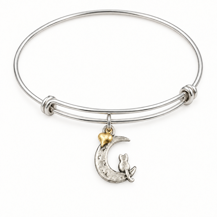 Stainless steel bangle bracelet with a double-sided silver-plated crescent moon and cat charm topped with a gold heart, shown on a warm-white studio background