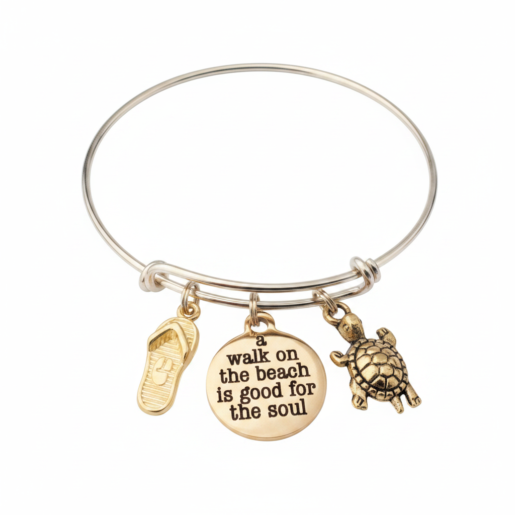 Gold-tone expandable bangle bracelet with three charms: gold flip flop sandal, engraved round disc reading a walk on the beach is good for the soul, and detailed gold sea turtle charm — adjustable stackable beach gift bracelet for women