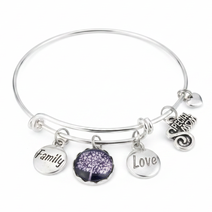Silver expandable bangle bracelet with Special Mom swirl charm, Family disc charm, purple tree of life glass dome charm, and Love disc charm on white background - Jules Obsession