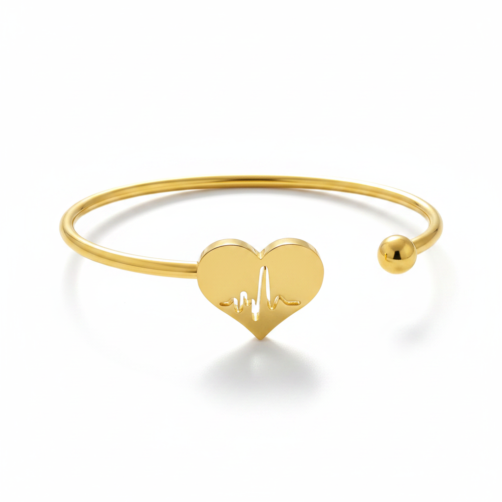 EKG heartbeat electrocardiogram gold heart cuff bangle bracelet on white background – 304 stainless steel nurse gift by Jules Obsession