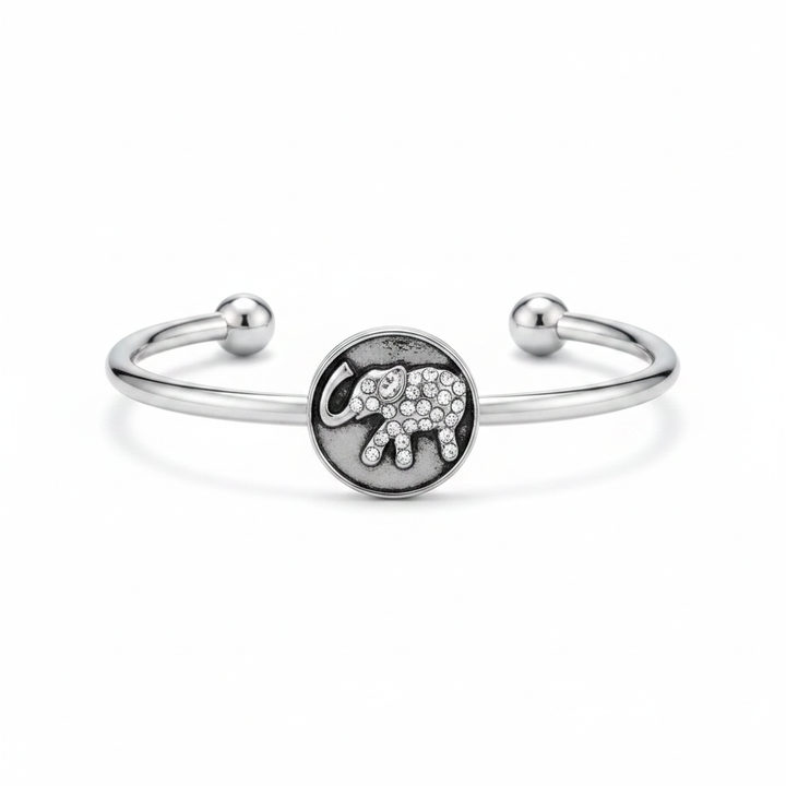 Elephant snap bracelet in surgical stainless steel with crystal rhinestone elephant charm on white background – Jules Obsession