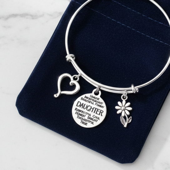 Daughter charm bracelet with heart, daisy, and inspirational quote charms gift-ready in dark velvet jewelry pouch – gift from mom or dad by Jules Obsession