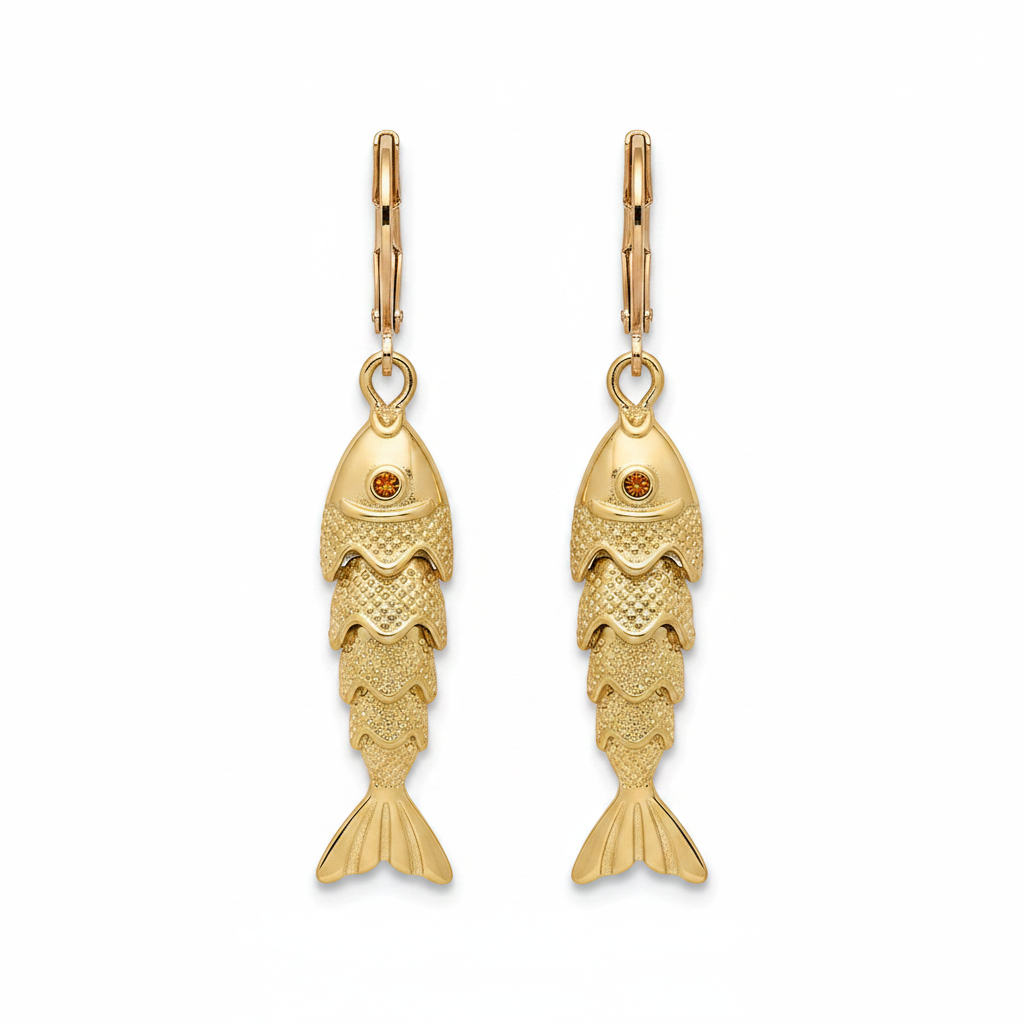 Gold articulated koi fish lever-back drop earrings with amber crystal eyes and detailed scale texture, displayed on white studio background