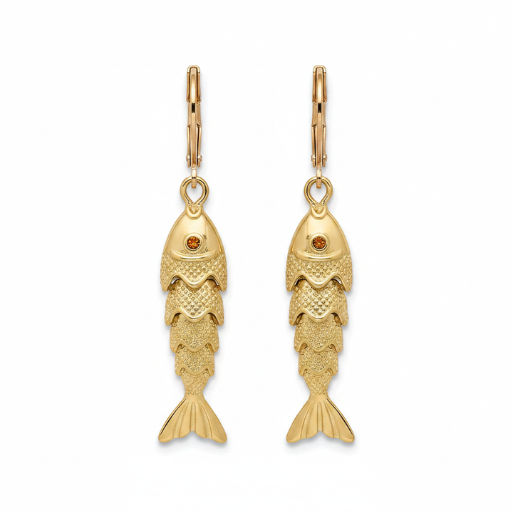 Gold articulated koi fish lever-back drop earrings with amber crystal eyes and detailed scale texture, displayed on white studio background