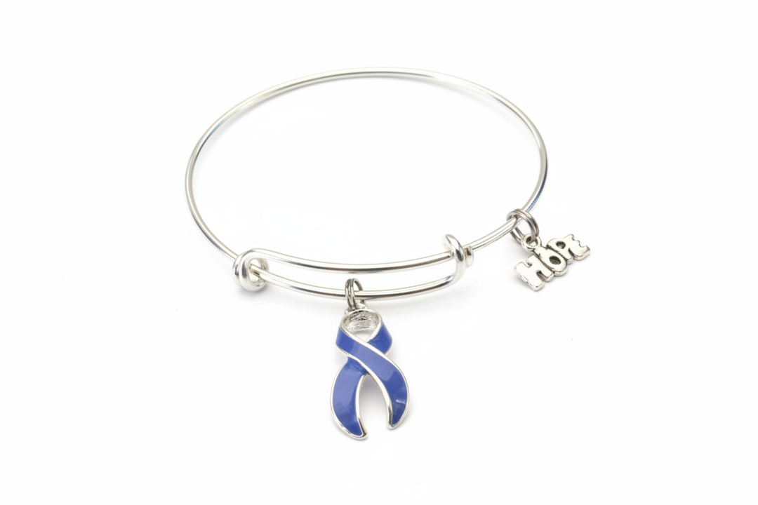 Periwinkle awareness ribbon bracelet with Hope charm on bright silver expandable bangle eating disorder stomach cancer IBS