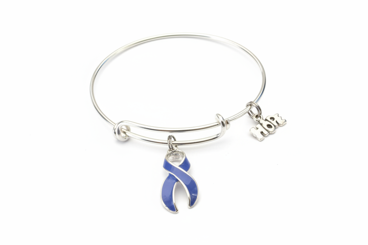 Periwinkle awareness ribbon bracelet with Hope charm on bright silver expandable bangle eating disorder stomach cancer IBS