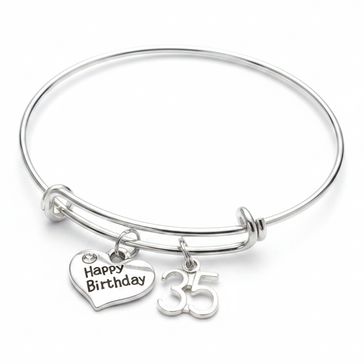Silver expandable bangle bracelet with Happy Birthday heart charm with crystal accent and silver 35 number charm — handmade by Jules Obsession