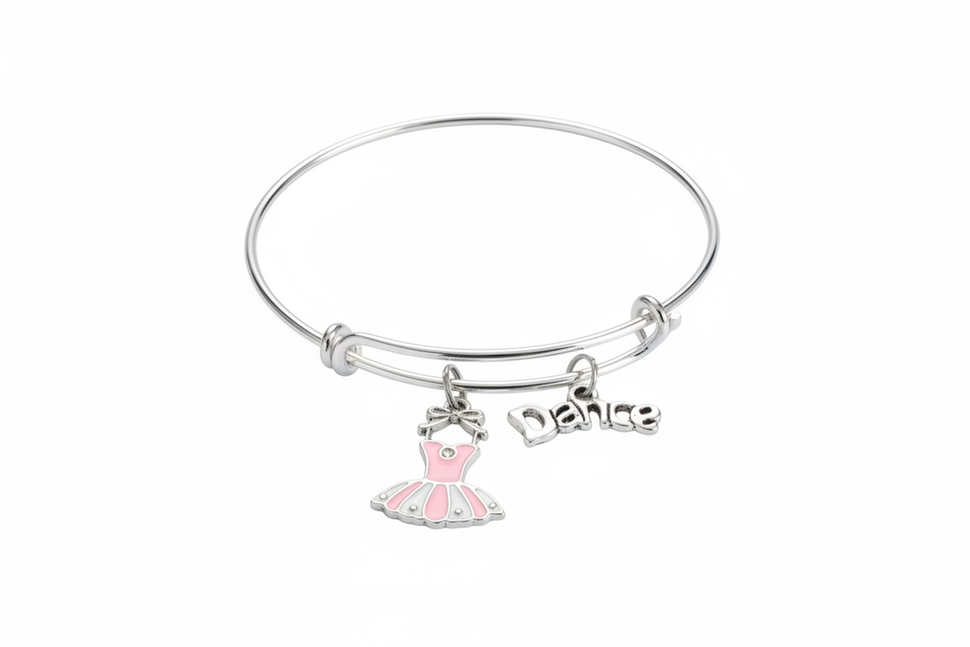 Dance bracelet with pink tutu charm full circular silver expandable bangle ballet gift