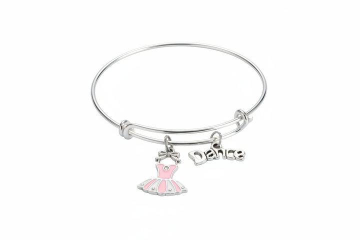 Dance bracelet with pink tutu charm full circular silver expandable bangle ballet gift