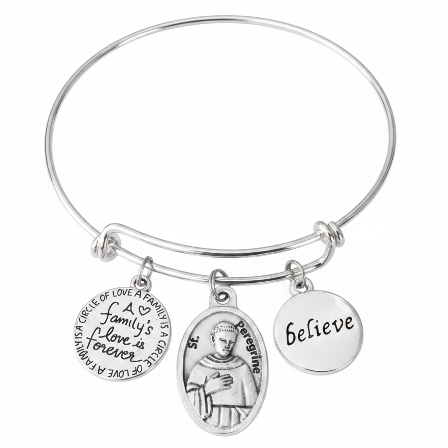 St. Peregrine silver expandable charm bracelet on white studio background — Catholic cancer patron saint gift