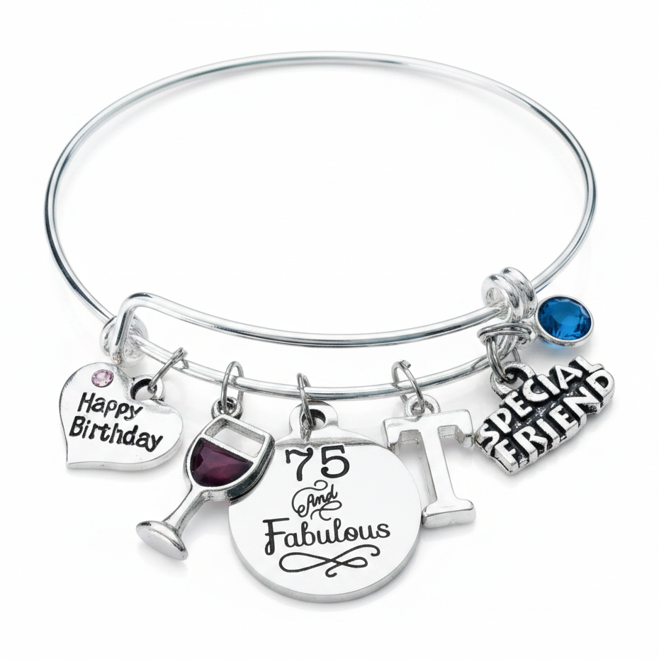 75 and Fabulous silver charm bangle bracelet with Happy Birthday heart charm, wine glass charm, personalized initial charm, Special Friend heart charm, and blue crystal birthstone — expandable bracelet gift for her 75th birthday
