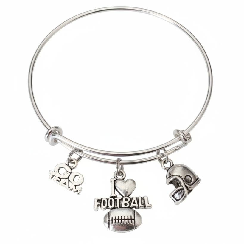 Silver expandable wire bangle bracelet with I Love Football charm, 3D football, football helmet charm, and Go Team charm on white studio background